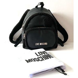 LOVE MOSCHINO Black Vegan Leather & Shearling Trimmed Backpack, NWT! $350